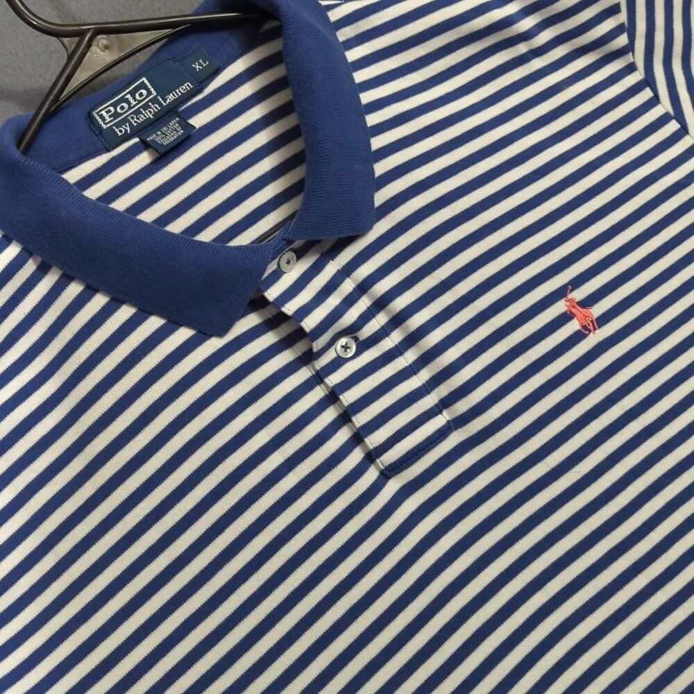Polo Ralph Lauren Shirt Men's XL Blue Striped Cotton Polo Short Sleeve Preppy